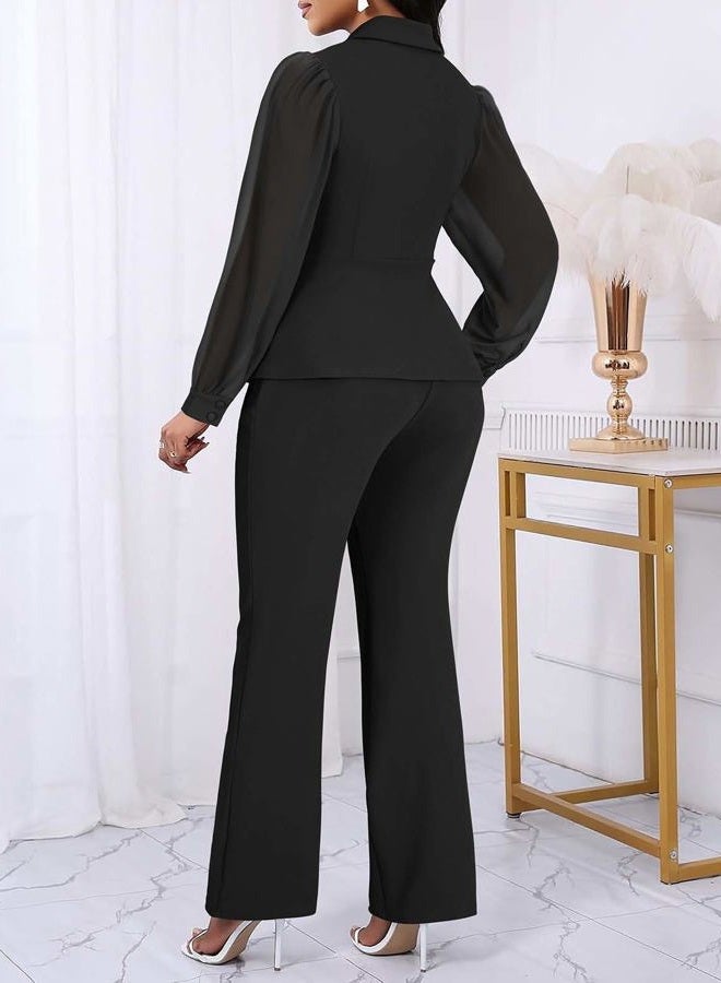 Annystore Women Double Breasted Blazer Pants Suit 2 Piece Set Long Sleeve V Neck Blazer Pants Business Suit Set, Black, M - Image 2