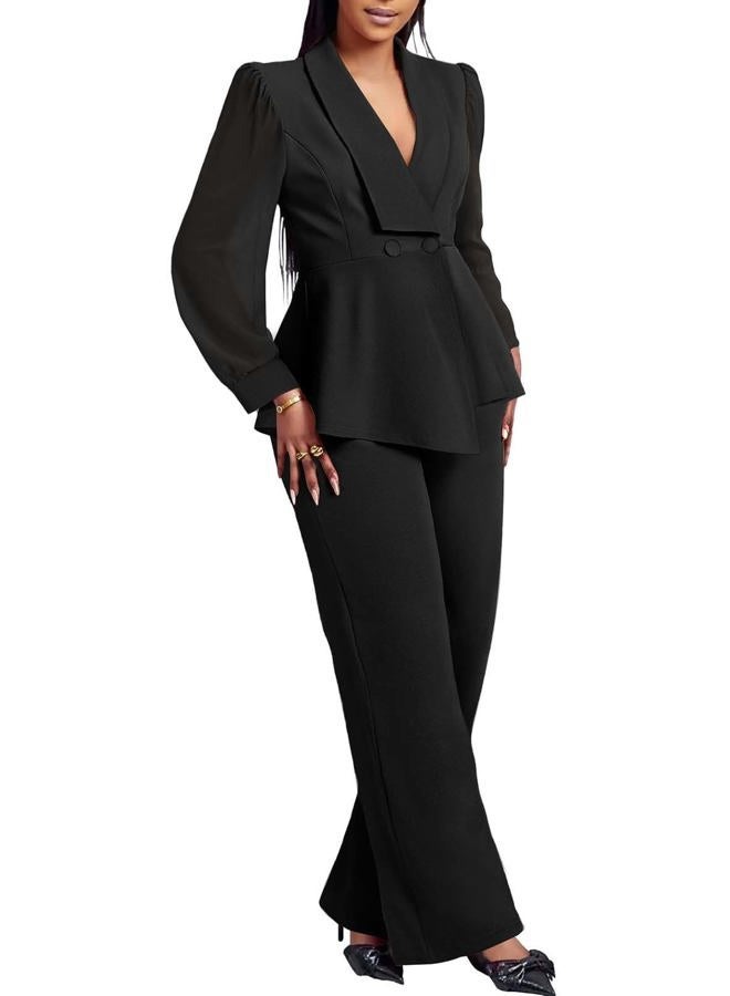 Annystore Women Double Breasted Blazer Pants Suit 2 Piece Set Long Sleeve V Neck Blazer Pants Business Suit Set, Black, M - Image 1