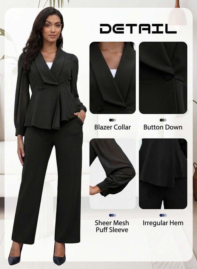 Annystore Women Double Breasted Blazer Pants Suit 2 Piece Set Long Sleeve V Neck Blazer Pants Business Suit Set, Black, M - Image 5