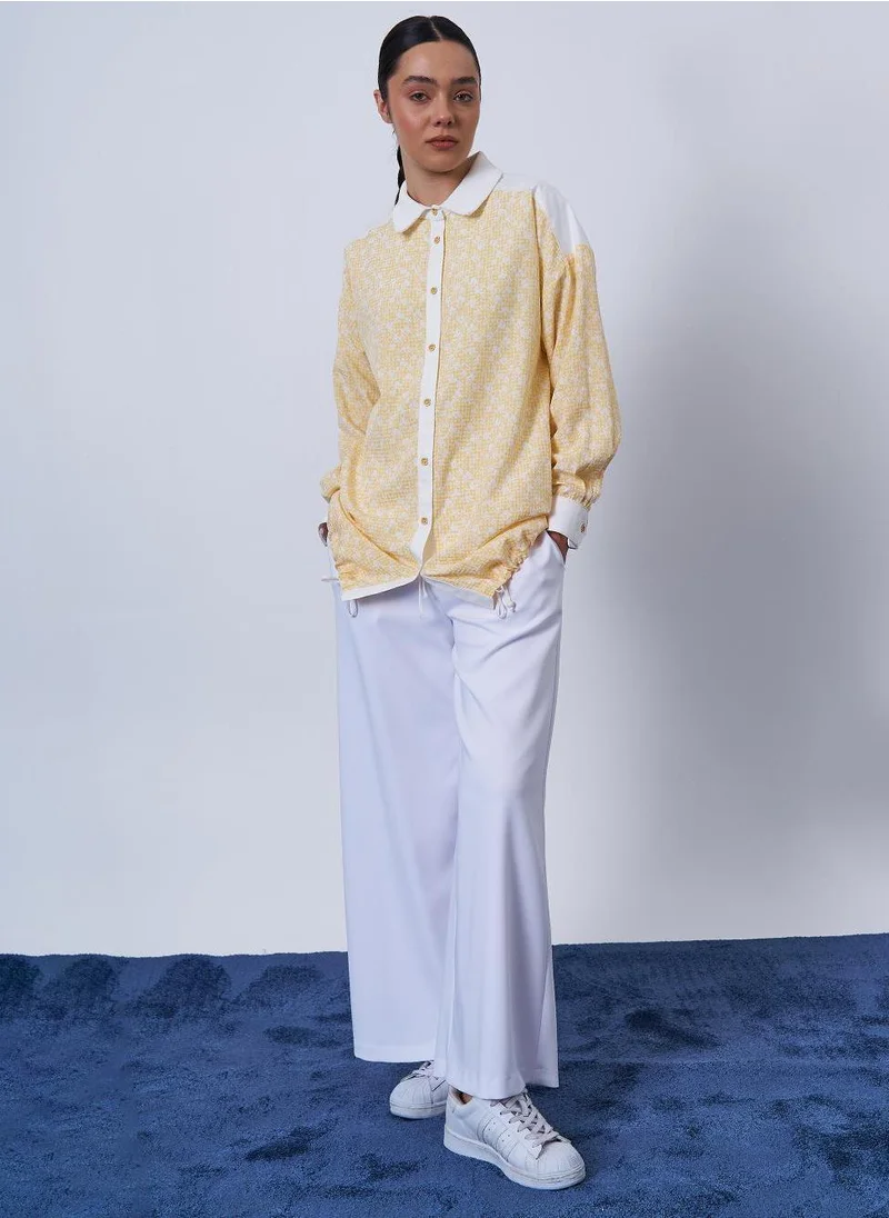 Kayra Floral Patterned Crinkled Tunic in Yellow