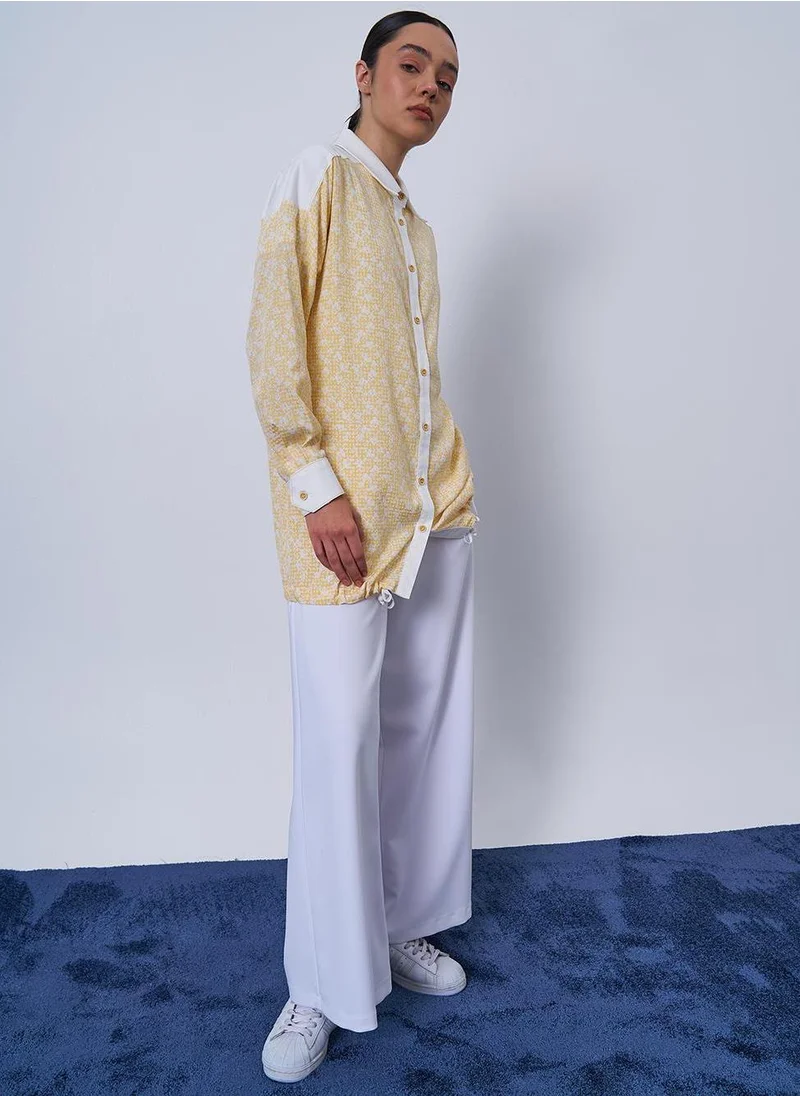 Kayra Floral Patterned Crinkled Tunic in Yellow