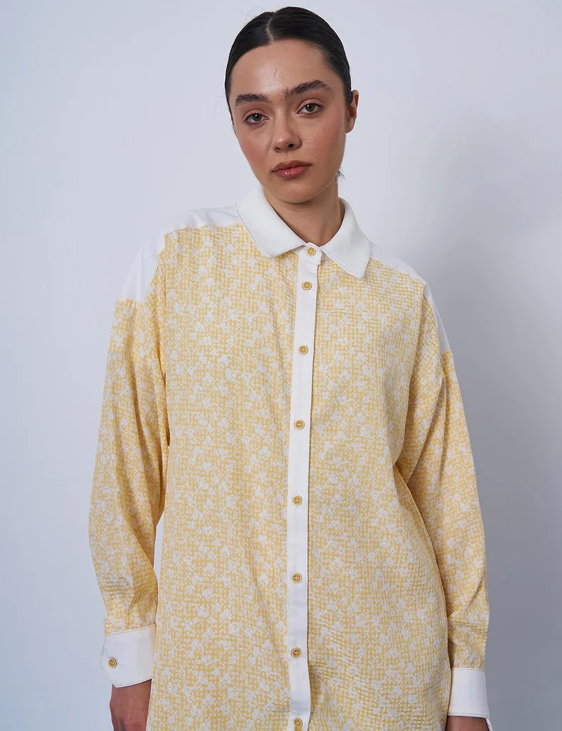 Kayra Floral Patterned Crinkled Tunic in Yellow