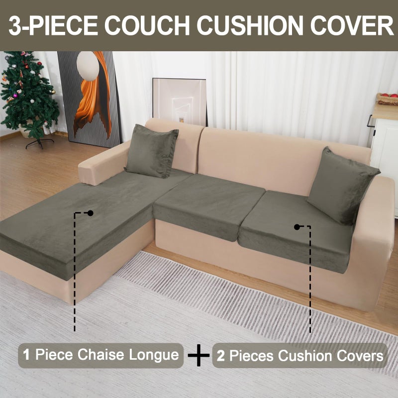 BT.WA Sectional Couch Covers for 3-Piece Seat Cushion Velvet Separate L Shape Couch Cover Stretch Sofa Slipcover with 2 Pieces Pillowcases Furniture Protector (Sofa 2 Seater + 1 Chaise  Olive Green) - Image 2