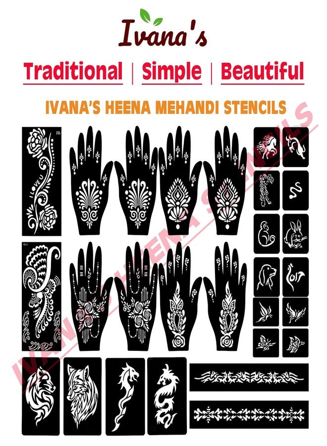 إيفاناز مجموعة إيفانا المكونة من 34 قطعة من قوالب الحناء القابلة لإعادة الاستخدام لليدين والمعصم والجسم والظهر والرقبة والوجه، عبوة كومبو من القوالب للنساء والفتيات والأطفال، سهلة الاستخدام في 4 خطوات فقط، مجموعة تصميم هندي، A2262 - Image 5