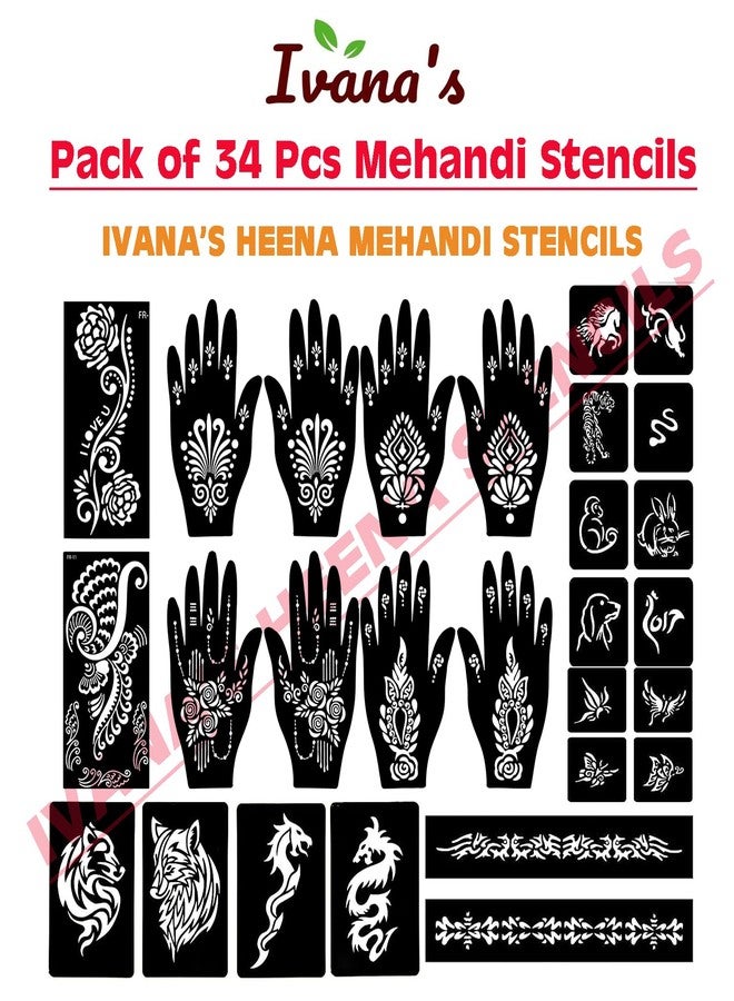 إيفاناز مجموعة إيفانا المكونة من 34 قطعة من قوالب الحناء القابلة لإعادة الاستخدام لليدين والمعصم والجسم والظهر والرقبة والوجه، عبوة كومبو من القوالب للنساء والفتيات والأطفال، سهلة الاستخدام في 4 خطوات فقط، مجموعة تصميم هندي، A2262 - Image 3