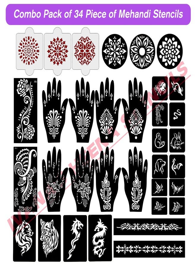 إيفاناز مجموعة إيفانا المكونة من 34 قطعة من قوالب الحناء القابلة لإعادة الاستخدام لليدين والمعصم والجسم والظهر والرقبة والوجه، عبوة كومبو من القوالب للنساء والفتيات والأطفال، سهلة الاستخدام في 4 خطوات فقط، مجموعة تصميم هندي، A2262 - Image 2