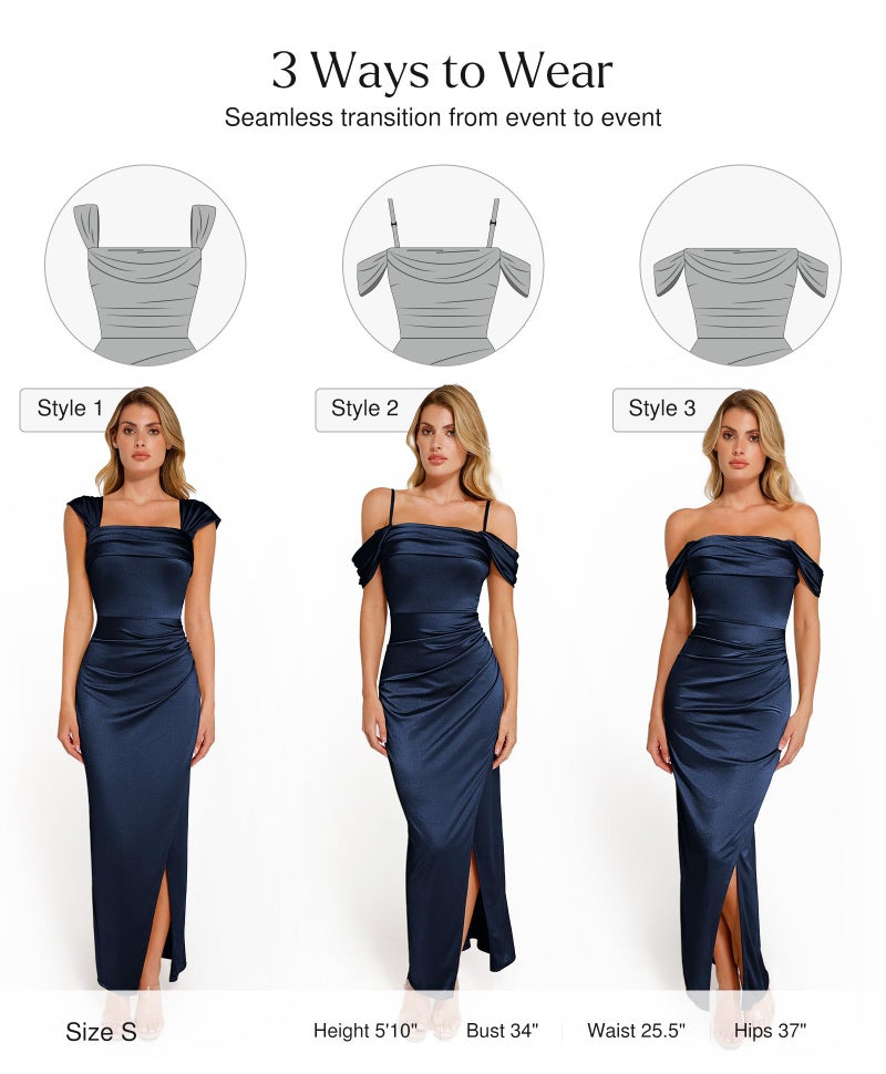 Popilush Women Shapewear Maxi Dresses Slit Ruched Off The Shoulder Elegant Party Cocktail Formal Wedding Guest Dress Navy Blue - Image 3