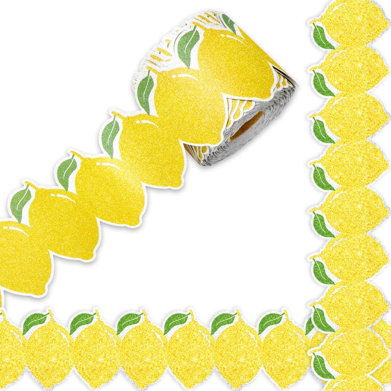 Whaline 656Ft Lemon Bulletin Board Border Glitter Yellow Lemon Die Cut Trim Border Roll for Summer Classroom Chalkboard Wall Decor
