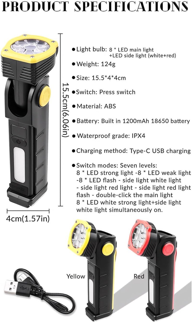 مصباح عمل LED قابل للتحريك بمغناطيس وخطاف، يمكن تدوير الضوء الرئيسي 90 درجة، مثالي لإصلاح السيارات والتخييم وحالات الطوارئ، مصنوع من مادة ABS، ببطارية سعة 1200 مللي أمبير ساعة، لون أصفر - Image 3