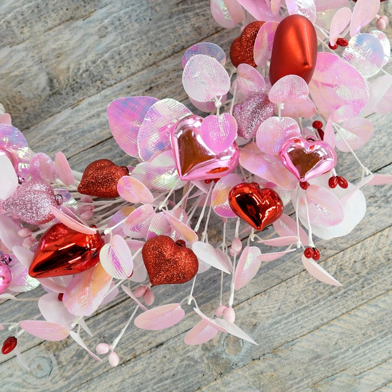 AMF0RESJ Valentine's Day Wreath for Front Door Valentine Wreath with Pink Eucalyptus Leaves,Pink and red Hearts for Indoor Outdoor Wedding Anniversary Party Home Wall Window Festival Decoration - Image 3