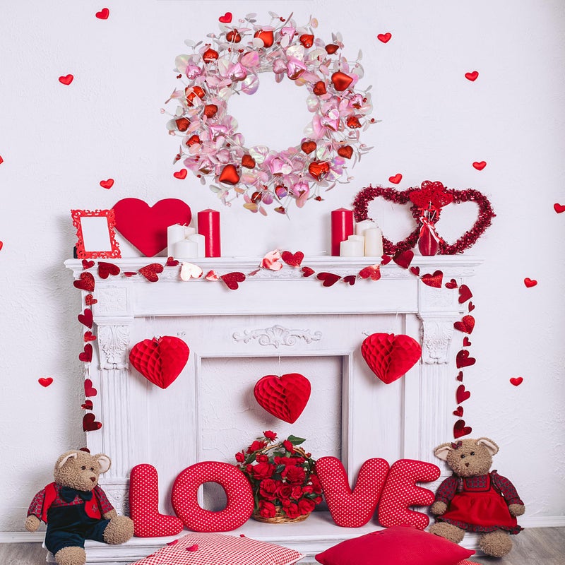 AMF0RESJ Valentine's Day Wreath for Front Door Valentine Wreath with Pink Eucalyptus Leaves,Pink and red Hearts for Indoor Outdoor Wedding Anniversary Party Home Wall Window Festival Decoration - Image 2