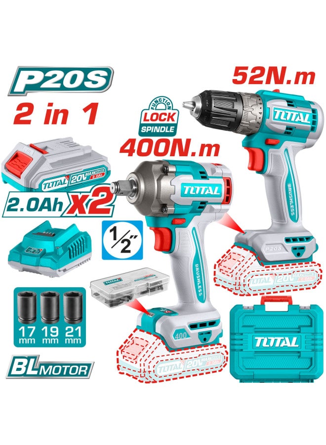 TOTAL Total impact drill combo set, 1/2 inch 400N 20 volt impact driver, 52 Newton 2 batteries and charger TCKLI20271