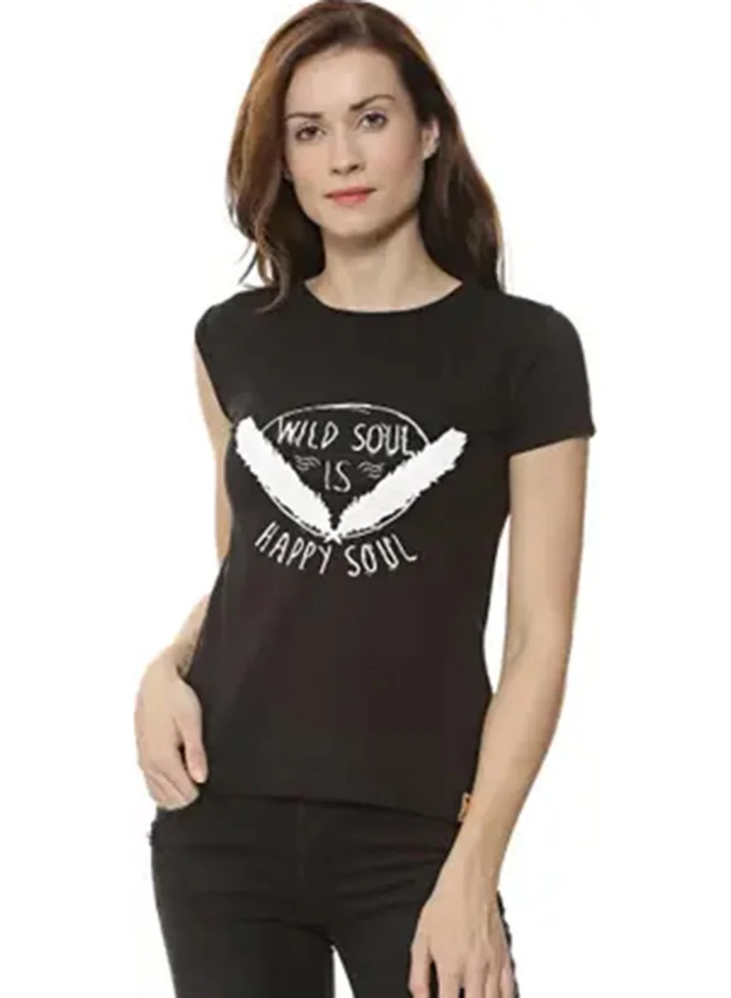 كامبوس سوترا بلوزة نسائية سوداء غير متماثلة بطبعة روح سعيدة
