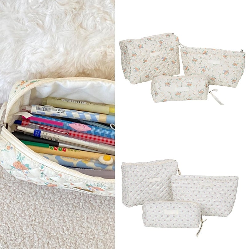 3 Pcs/Set Toiletry Bag Travel Makeup Large Capacity Wash Flower Print Cosmetic Handheld Storage Pen - Image 2