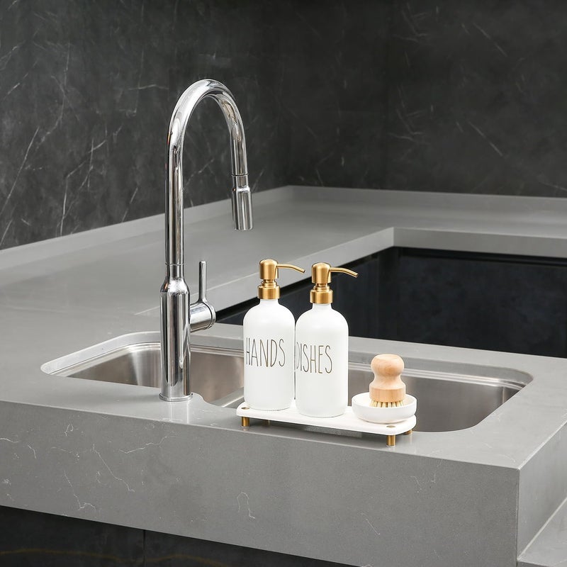 MOMEEMO Gold Soap Dispenser Set Comes with Stainless Steel Pumps, Instant Dry Tray, and Dish Scrub Brush, Suitable for Kitchen Decor and Accessories. (Gold) - Image 5