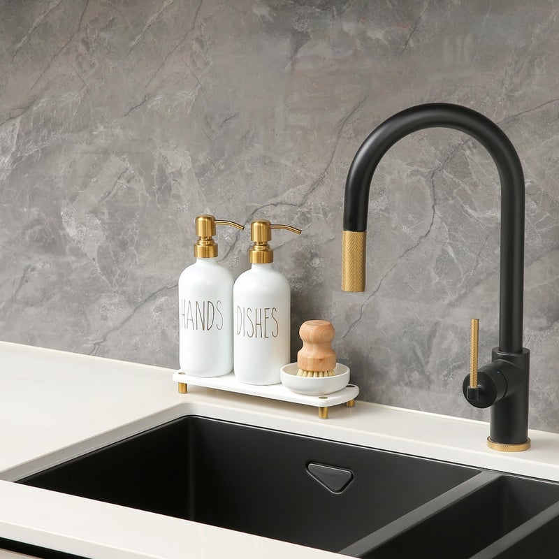 MOMEEMO Gold Soap Dispenser Set Comes with Stainless Steel Pumps, Instant Dry Tray, and Dish Scrub Brush, Suitable for Kitchen Decor and Accessories. (Gold) - Image 3