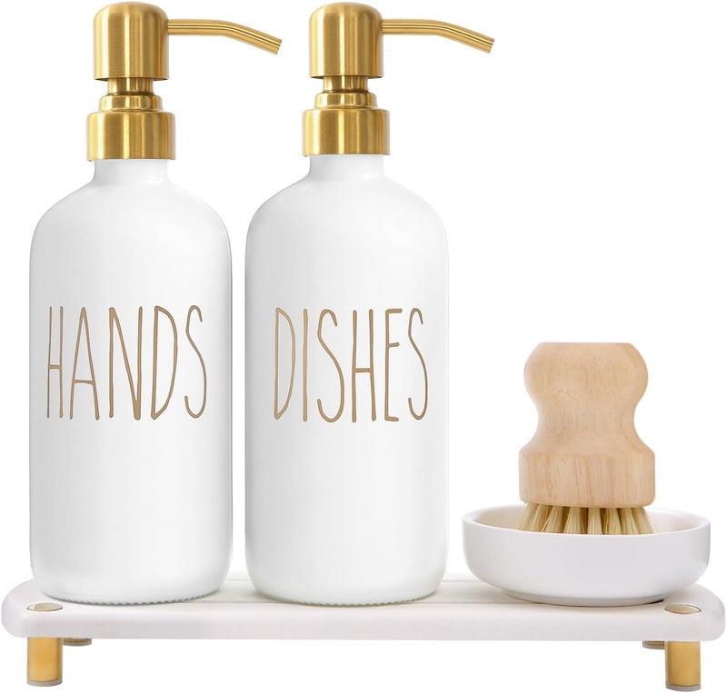 MOMEEMO Gold Soap Dispenser Set Comes with Stainless Steel Pumps, Instant Dry Tray, and Dish Scrub Brush, Suitable for Kitchen Decor and Accessories. (Gold) - Image 1