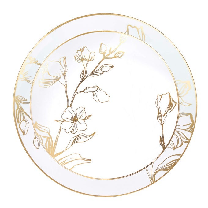 60 PIECE COMBO PLATES SET INCLUDES 307 INCH PLATES 3010 INCH PLATE WHITE PLASTIC FLORAL DESIGN PARTY PLATES WITH GOLD RIM PREMIUM HEAVYWEIGHT ELEGANT TABLEWARE