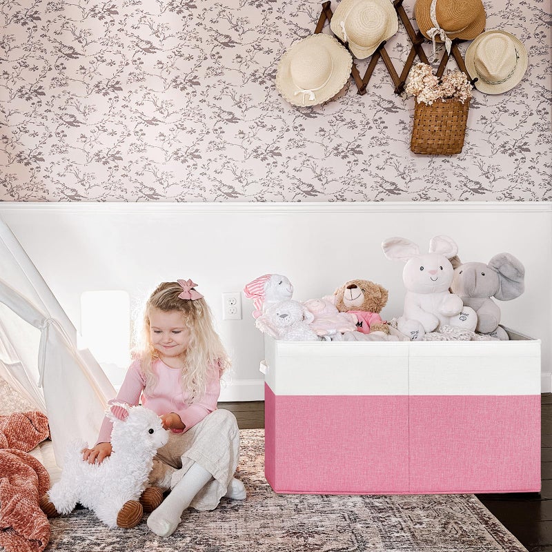 INDRESSME 25"x13"x16" Large Toy Storage Box with Lid, Collapsible Storage Organizer Baby Toy Storage for Kids Boys Girls, Toy Bin Organizer for Nursery, Bedroom, Living Room (Pink & White) - Image 3