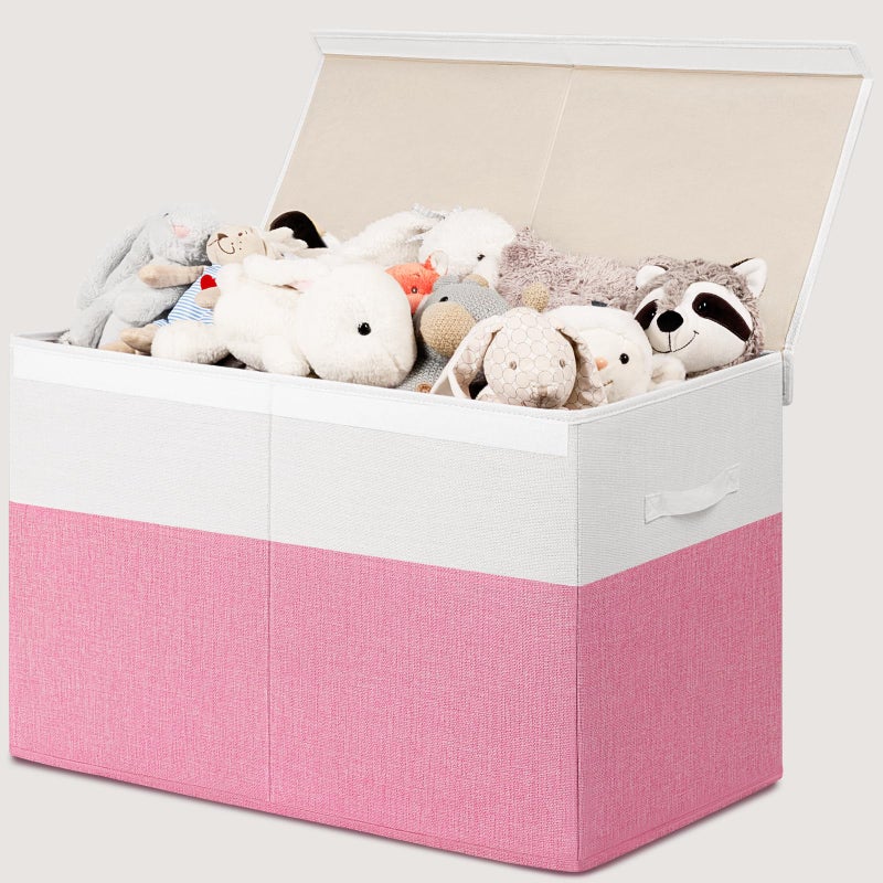 INDRESSME 25"x13"x16" Large Toy Storage Box with Lid, Collapsible Storage Organizer Baby Toy Storage for Kids Boys Girls, Toy Bin Organizer for Nursery, Bedroom, Living Room (Pink & White) - Image 1