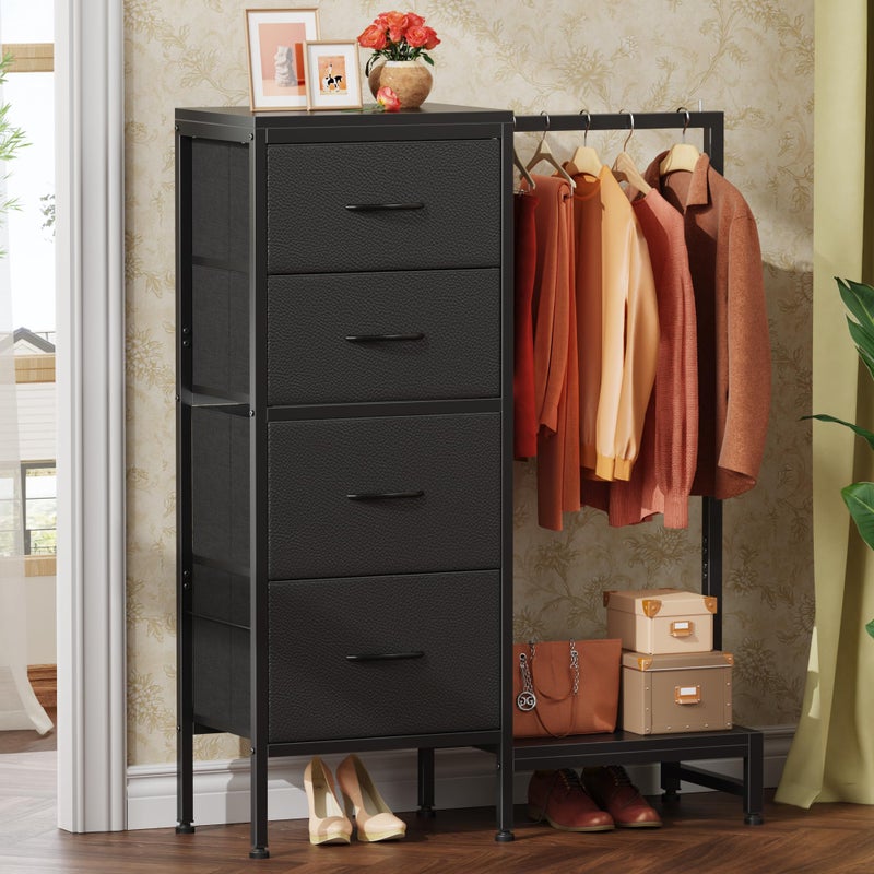 HIGDBFE Dresser with Hanging Rack, 4 Drawers Small Closet for Bedroom, Reversible Fabric Kids Chest of Drawers with Clothes Rack, Tall Storage Tower, Sturdy Frame, Black, 44''H - Image 2