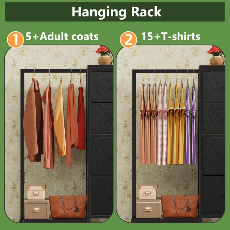 HIGDBFE Dresser with Hanging Rack, 4 Drawers Small Closet for Bedroom, Reversible Fabric Kids Chest of Drawers with Clothes Rack, Tall Storage Tower, Sturdy Frame, Black, 44''H - Image 4