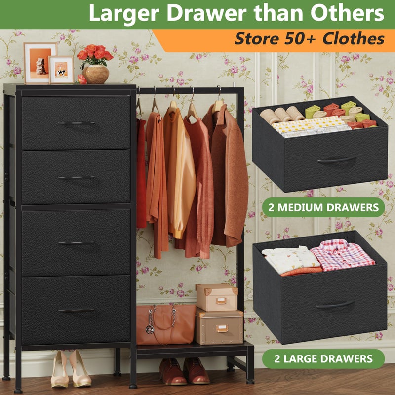 HIGDBFE Dresser with Hanging Rack, 4 Drawers Small Closet for Bedroom, Reversible Fabric Kids Chest of Drawers with Clothes Rack, Tall Storage Tower, Sturdy Frame, Black, 44''H - Image 5
