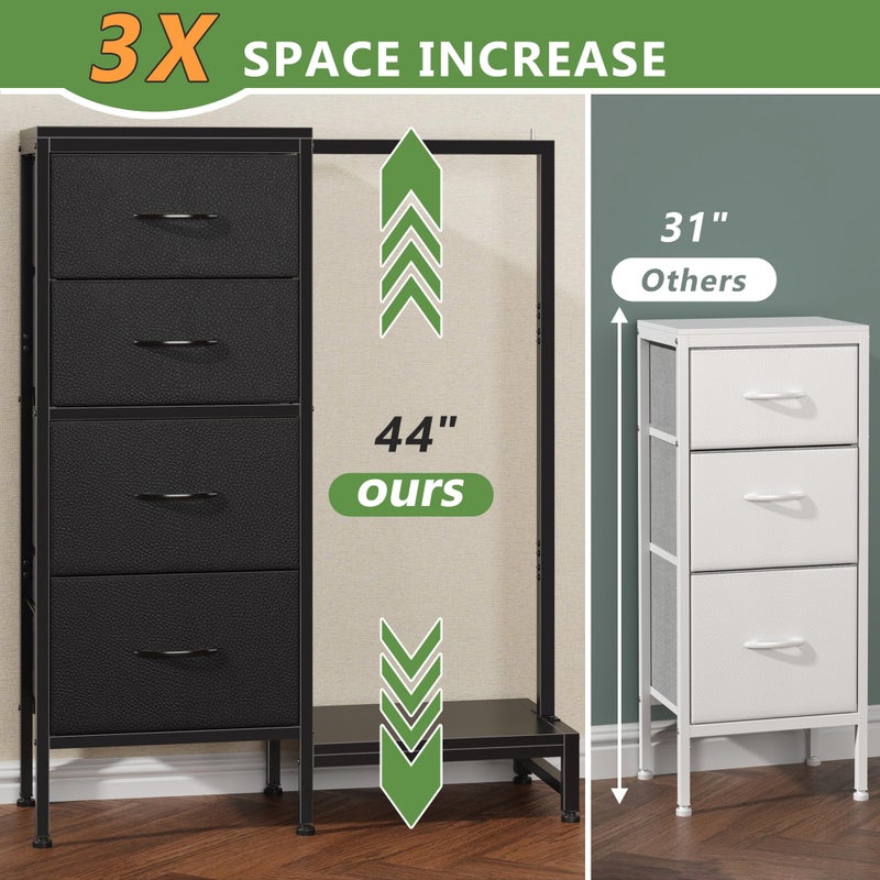 HIGDBFE Dresser with Hanging Rack, 4 Drawers Small Closet for Bedroom, Reversible Fabric Kids Chest of Drawers with Clothes Rack, Tall Storage Tower, Sturdy Frame, Black, 44''H - Image 3