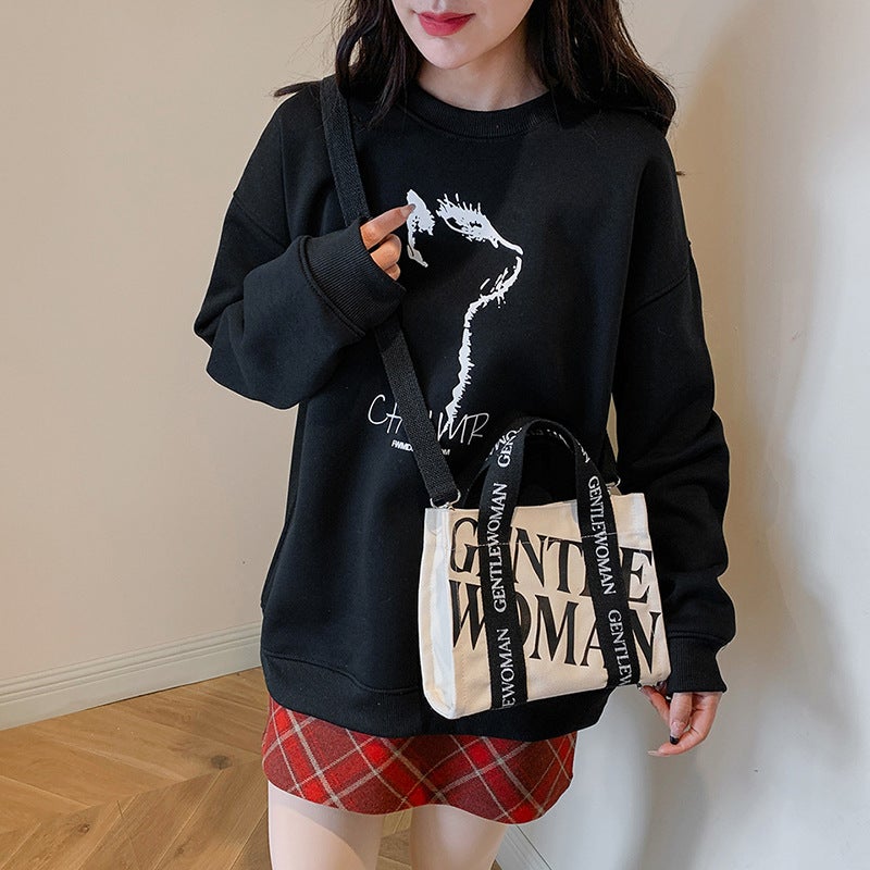 Letter Contrast Color Canvas Bag Fashion Small Tote Bag Trendy Shoulder Crossbody Bag Handbag - Image 3
