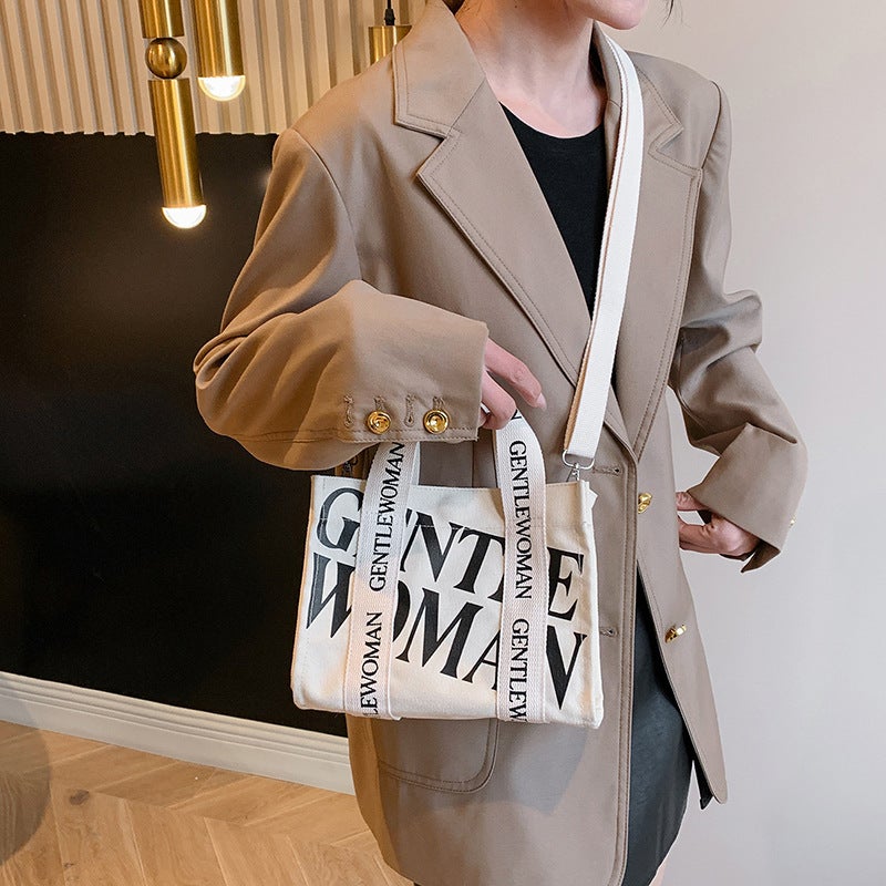Letter Contrast Color Canvas Bag Fashion Small Tote Bag Trendy Shoulder Crossbody Bag Handbag - Image 5