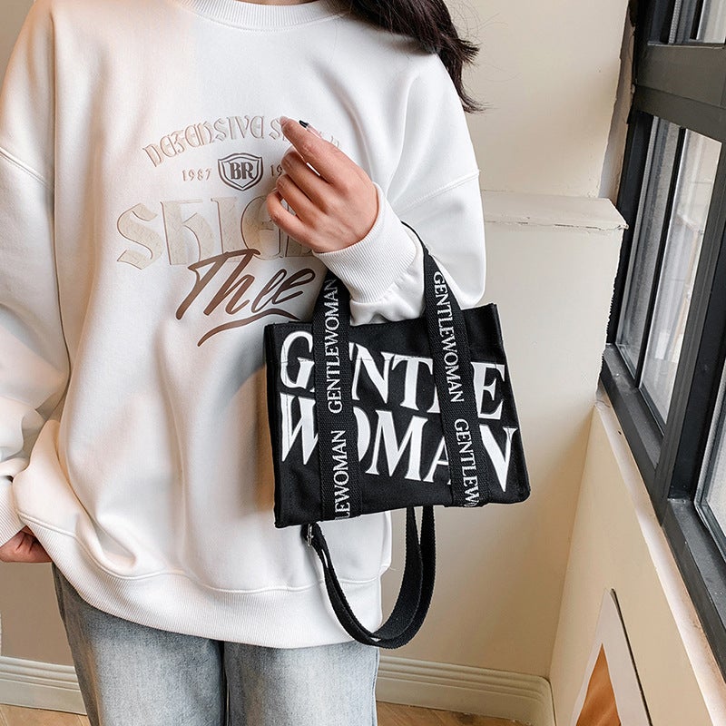 Letter Contrast Color Canvas Bag Fashion Small Tote Bag Trendy Shoulder Crossbody Bag Handbag - Image 2