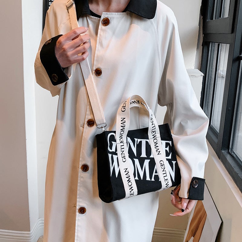 Letter Contrast Color Canvas Bag Fashion Small Tote Bag Trendy Shoulder Crossbody Bag Handbag - Image 4