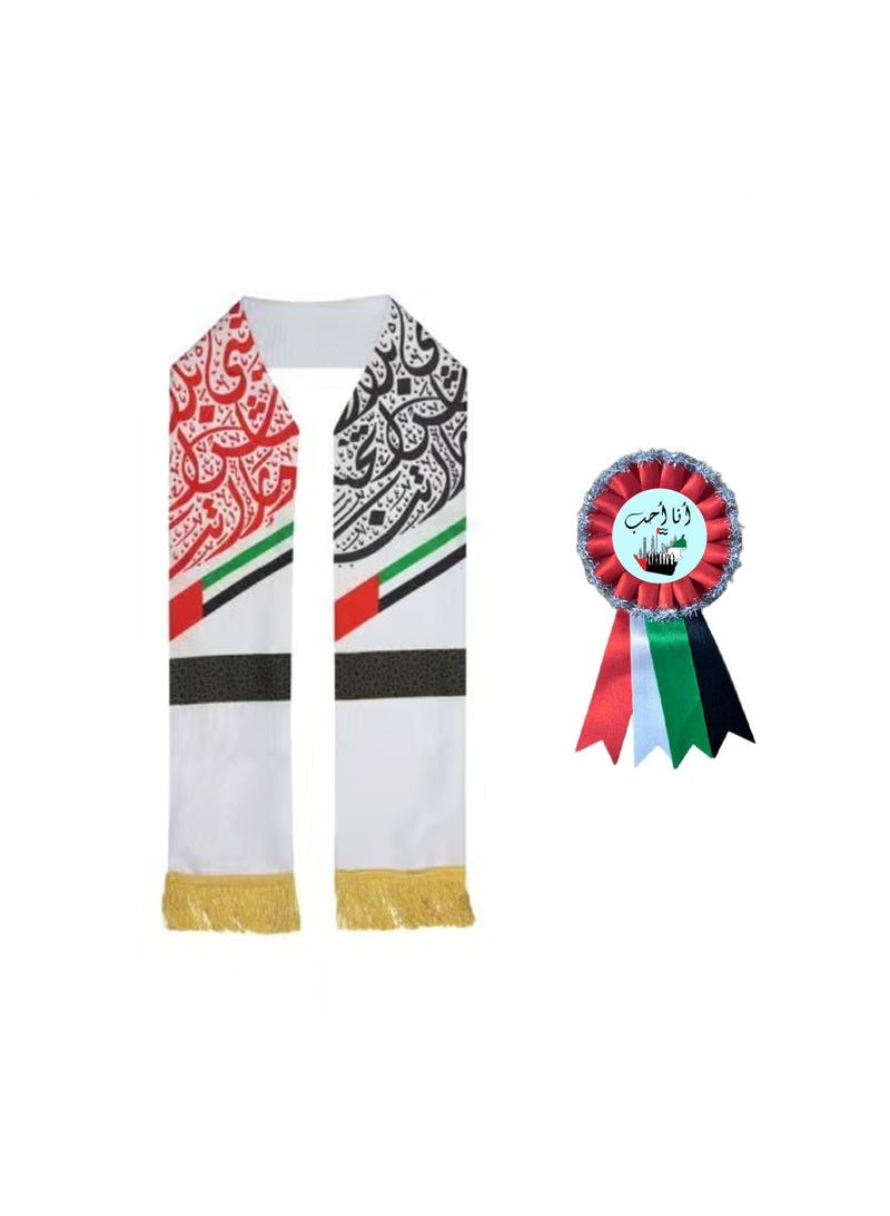 Pack of 2 UAE National Day Scarf and Rosette Combo for Kids - Perfect for National Day Parades, Festivals, and Events - Comfortable Fabric for All-Day Wear - Image 1