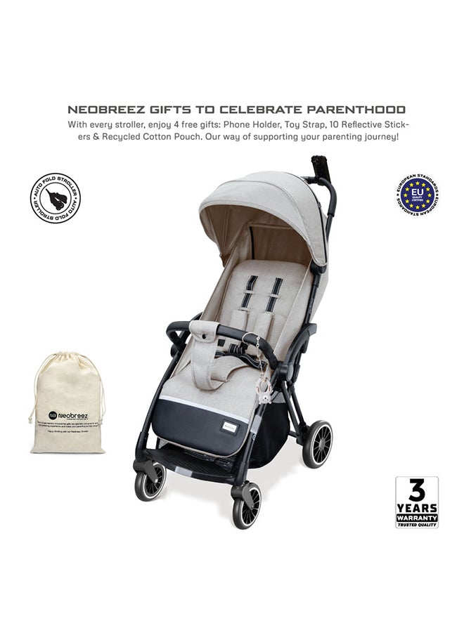 neobreez THETA Auto Fold Self Stand Travel Baby Toddler Stroller,  Compact Pushchair, Waterproof UPF 50+ Canopy, Gift  And Cotton Bag, Phone Holder, Toy Strap, Reflective Stickers, 0-4yrs, 22kg, 3yrs Warranty  - Image 2