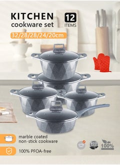 HK 12-Piece Kitchen Cookware set, Casserole Set And Frying Pan With Non Stick Cookware sets ,Finish Glass lid PFOA-Free  20-24-28-32 cm (Deep Stockpot) + 28 cm (deep Frying Pan)+ Pair Of Gloves（Grey）  - Image 1