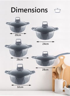 HK 12-Piece Kitchen Cookware set, Casserole Set And Frying Pan With Non Stick Cookware sets ,Finish Glass lid PFOA-Free  20-24-28-32 cm (Deep Stockpot) + 28 cm (deep Frying Pan)+ Pair Of Gloves（Grey）  - Image 3