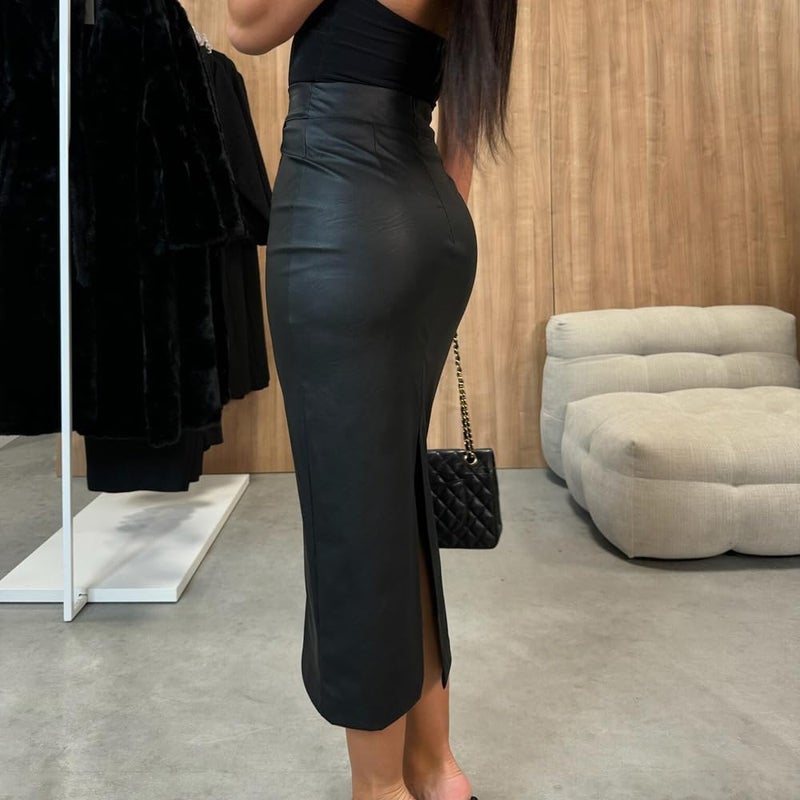 utcoco Womens Long Faux Leather Skirt Bodycon High Waist Slim Pencil Midi Skirt (Large, Black) - Image 3