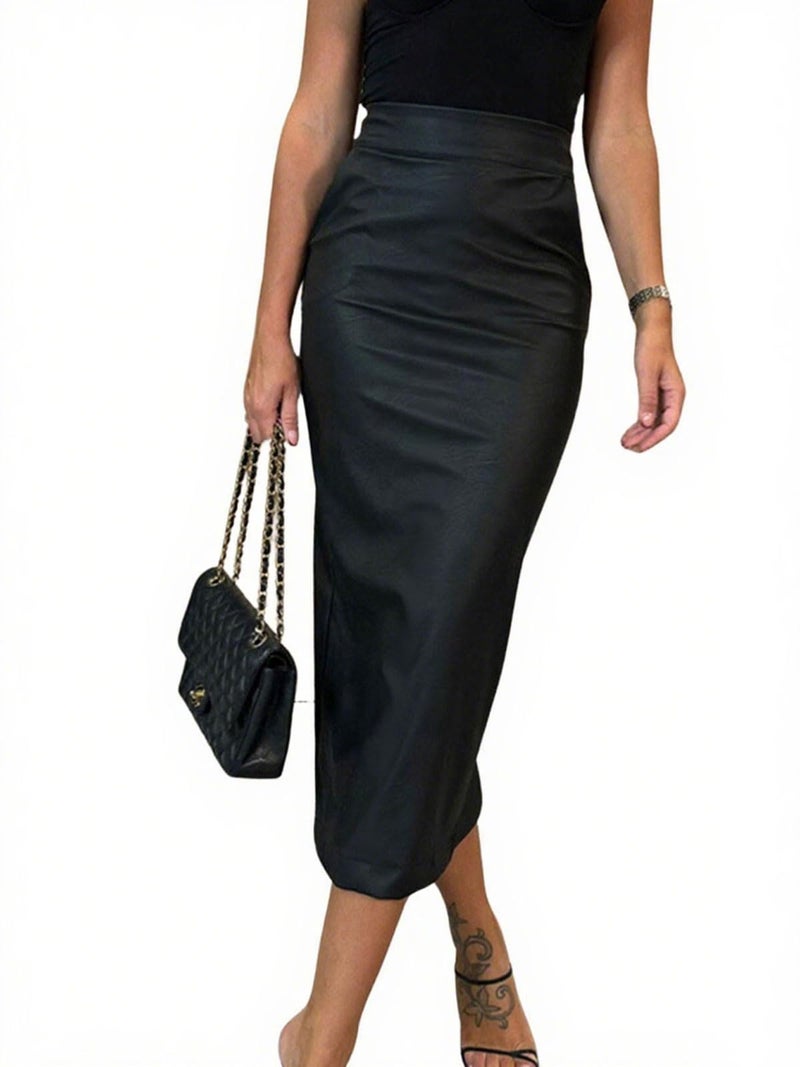 utcoco Womens Long Faux Leather Skirt Bodycon High Waist Slim Pencil Midi Skirt (Large, Black) - Image 1