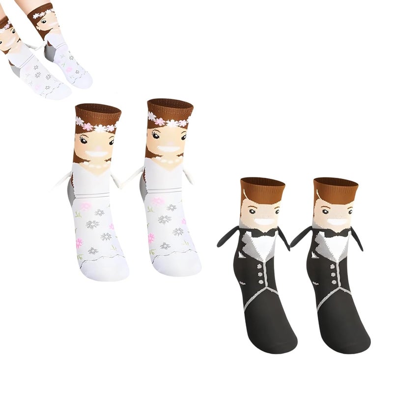 BharatBazaar 2 Pairs Holding Hands Socks, Funny Socks, Bride Socks, Black and White, Wedding Accessories, Engagement Gift, Special Wedding Presents - Image 1