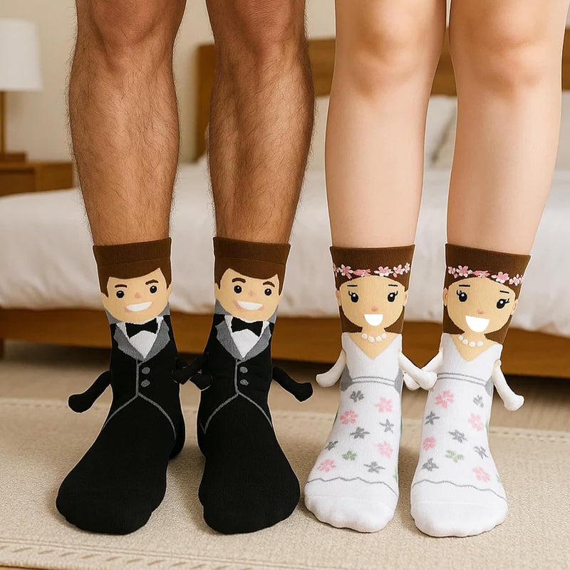 BharatBazaar 2 Pairs Holding Hands Socks, Funny Socks, Bride Socks, Black and White, Wedding Accessories, Engagement Gift, Special Wedding Presents - Image 5
