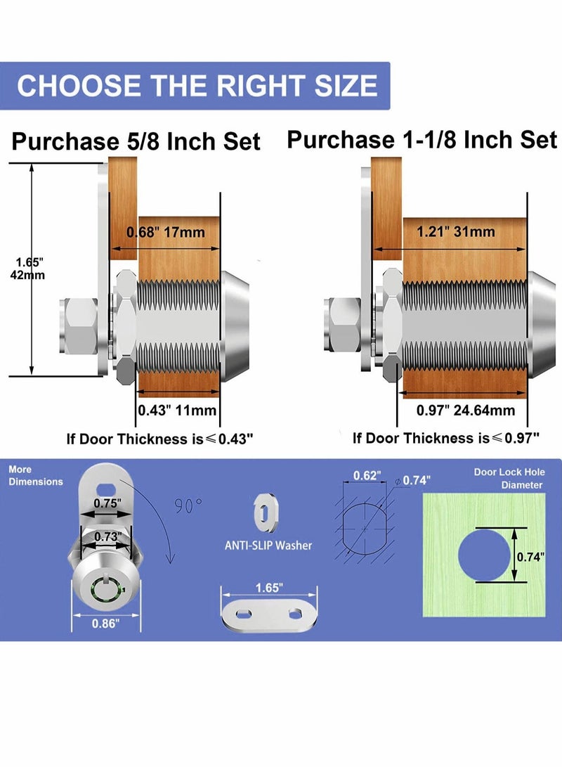 Cabinet Cam Lock Set 3 Pack 5/8 Inch Cylinder Locks Secure File Drawer Dresser RV Replacement Hardware Chrome Finish Zinc Alloy