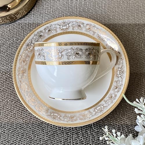 Vigneto Mughal Gold and Grey Cup and Saucer Set (Classic Gold) for Tea/Coffee/Hot Drinks | Set of 6 Cup and Saucers, 190 ML | Finest Premium Porcelain | Lead Free | Scratch Resistant | Chip Resistant - Image 1