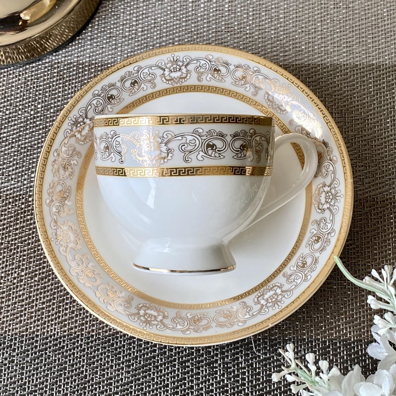 Vigneto Mughal Gold and Grey Cup and Saucer Set (Classic Gold) for Tea/Coffee/Hot Drinks | Set of 6 Cup and Saucers, 190 ML | Finest Premium Porcelain | Lead Free | Scratch Resistant | Chip Resistant - Image 4