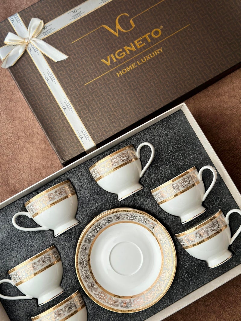 Vigneto Mughal Gold and Grey Cup and Saucer Set (Classic Gold) for Tea/Coffee/Hot Drinks | Set of 6 Cup and Saucers, 190 ML | Finest Premium Porcelain | Lead Free | Scratch Resistant | Chip Resistant - Image 3