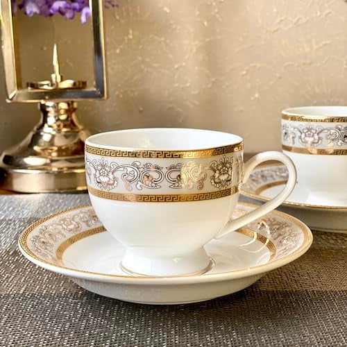 Vigneto Mughal Gold and Grey Cup and Saucer Set (Classic Gold) for Tea/Coffee/Hot Drinks | Set of 6 Cup and Saucers, 190 ML | Finest Premium Porcelain | Lead Free | Scratch Resistant | Chip Resistant - Image 2
