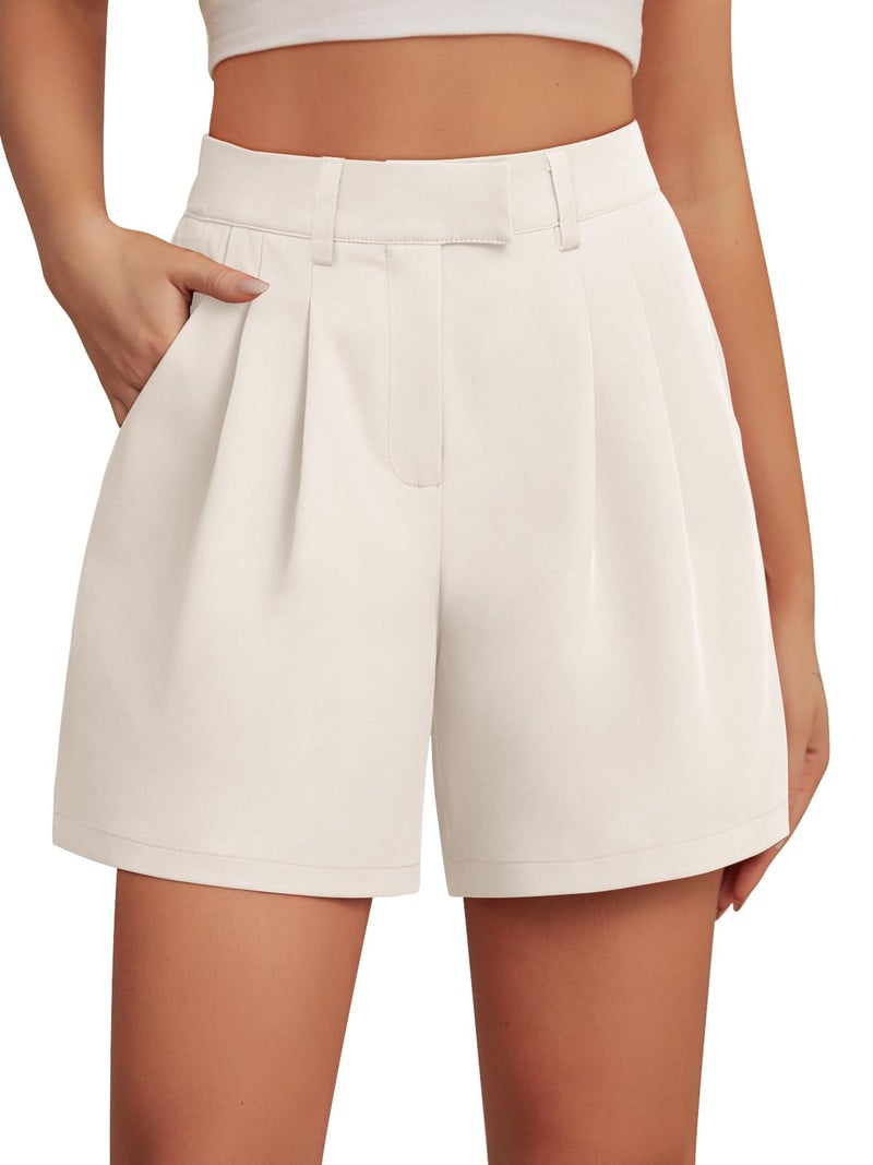 Feiersi Womens Casual Elastic Waist Wide Leg Suit Tailored Shorts Summer Dressy Work Shorts with Pockets(Beige,Medium) - Image 1