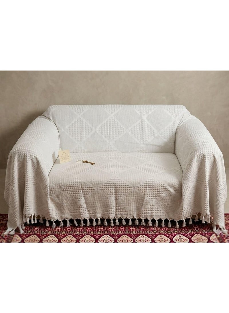 Generic Cotton Pique Sofa Cover, White, Diamond Pattern with Tassels, Full Cover, 210 x 240 cm, .sr - Image 1