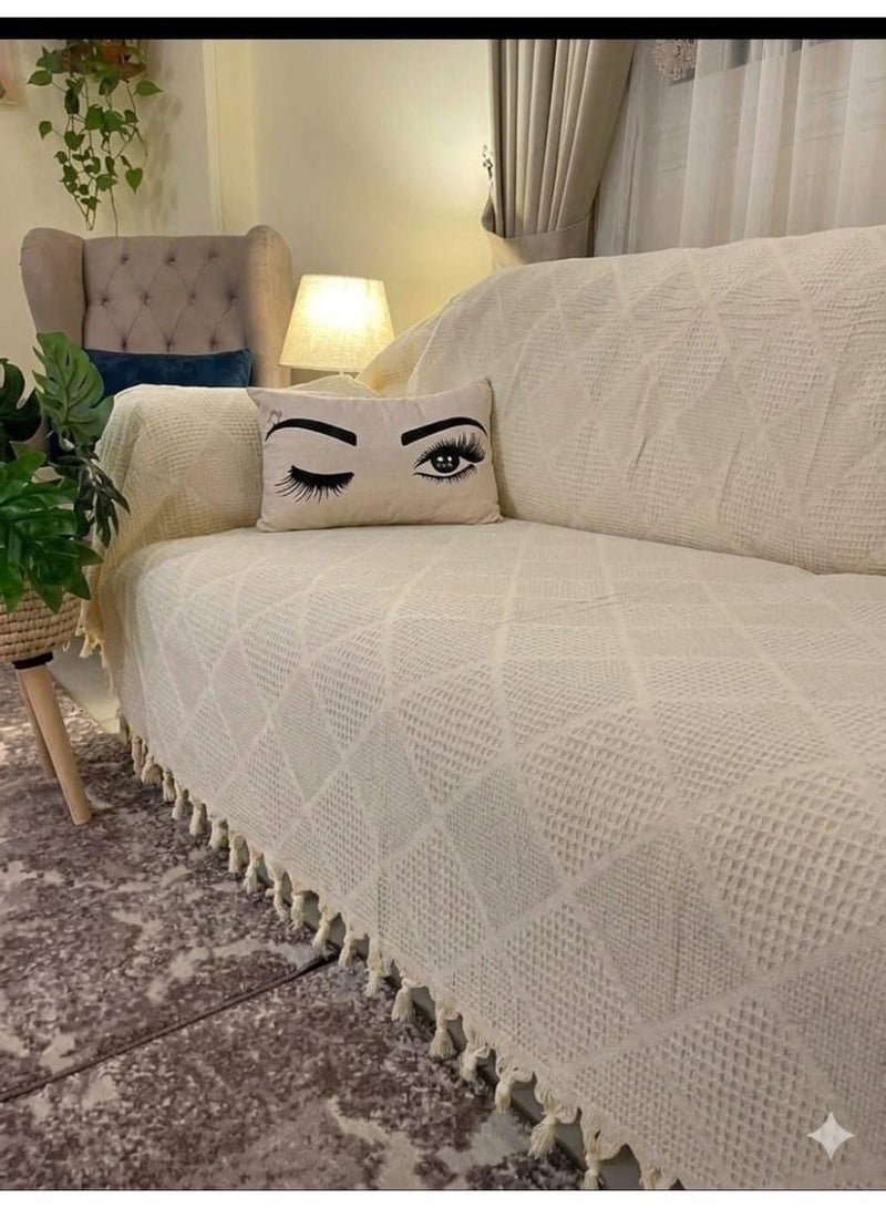 Generic Cotton Pique Sofa Cover, White, Diamond Pattern with Tassels, Full Cover, 210 x 240 cm, .sr - Image 2