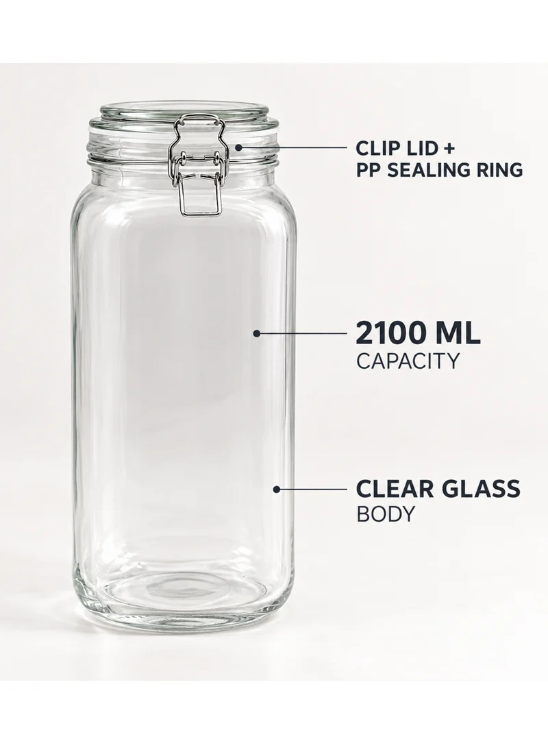 Cuisine Art Cuisine Art Glass Storage Jar with Clip Lid 2100 ml, Clear Glass Food Container with PP Sealing Ring, Clip Top Pantry Canister for Pasta, Rice, Flour, Cereal, Grains & Bulk Dry Food, 11.5 x 25.5 cm