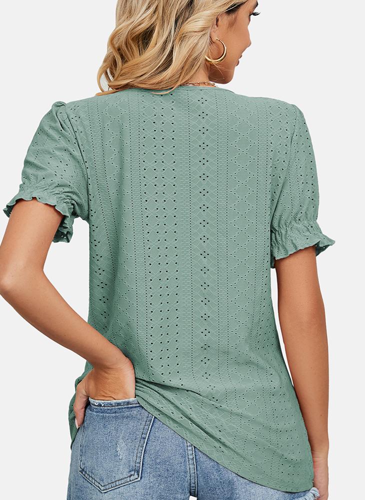 يونيكي بلوزة دائرية بياقة مطبوعة باللون الأخضر - Image 3